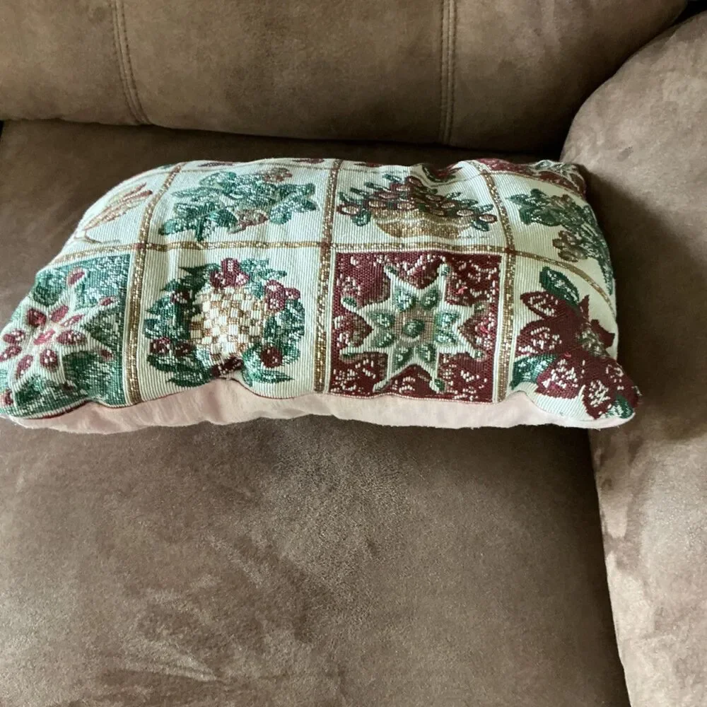 Vintage Christmas Tapestry Accent Pillow Woven Poinsettia Holly Wreath Holiday